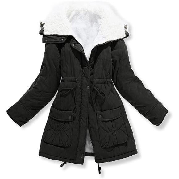 Women's Mid-Length Winter Jacket - Thick Warm Coat with Faux Lamb Wool Lining - Picture 3 of 8